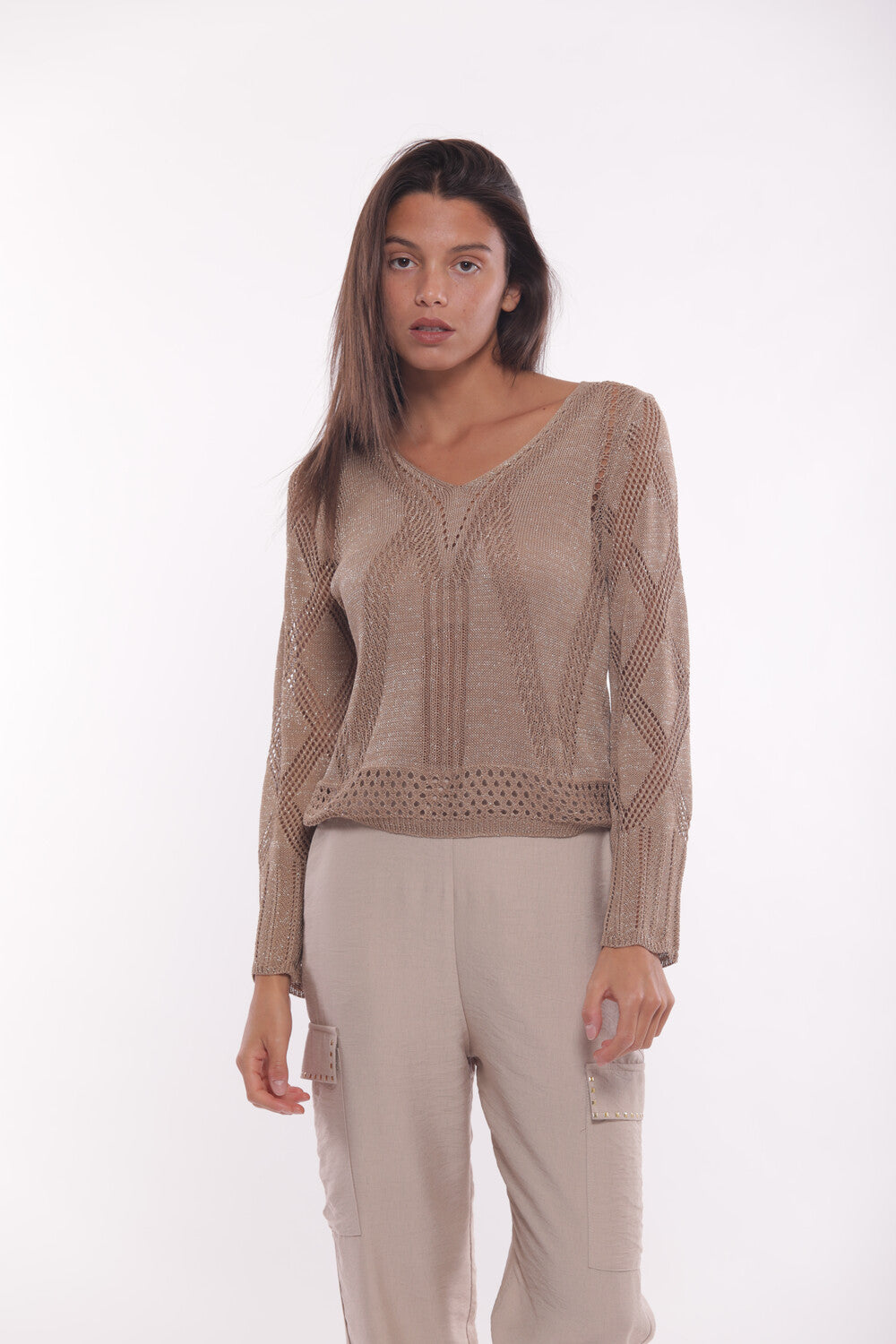 MAGLIA SCOLLO A V TRAFORATA LUREX