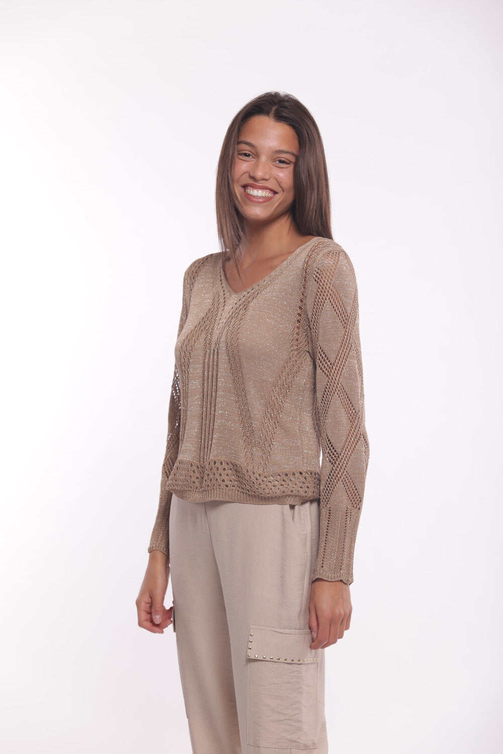 MAGLIA SCOLLO A V TRAFORATA LUREX