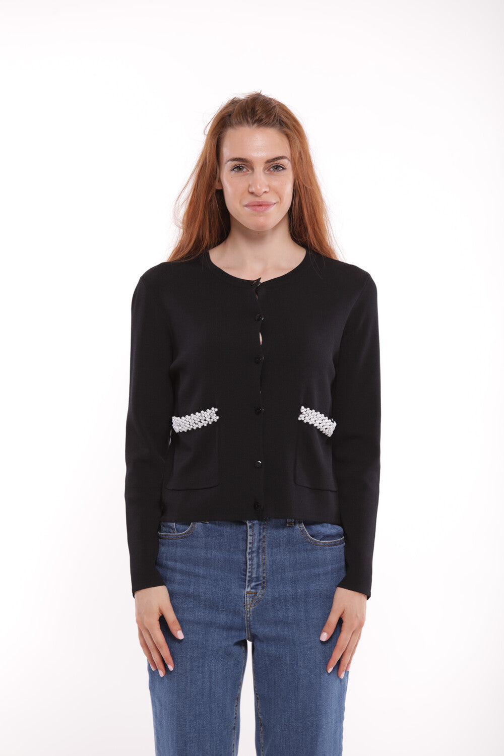CARDIGAN CON PERLE SU TASCHE