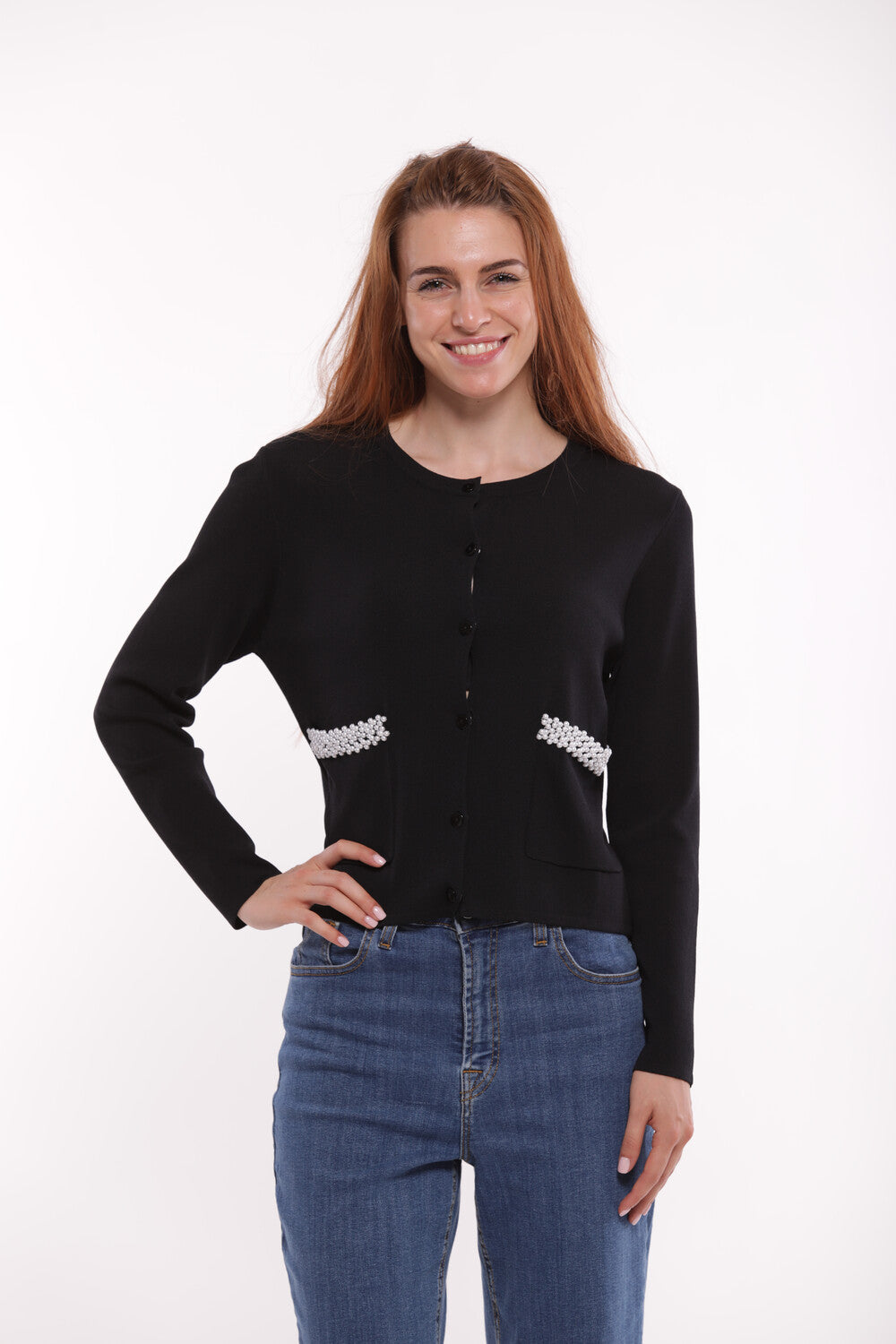 CARDIGAN CON PERLE SU TASCHE