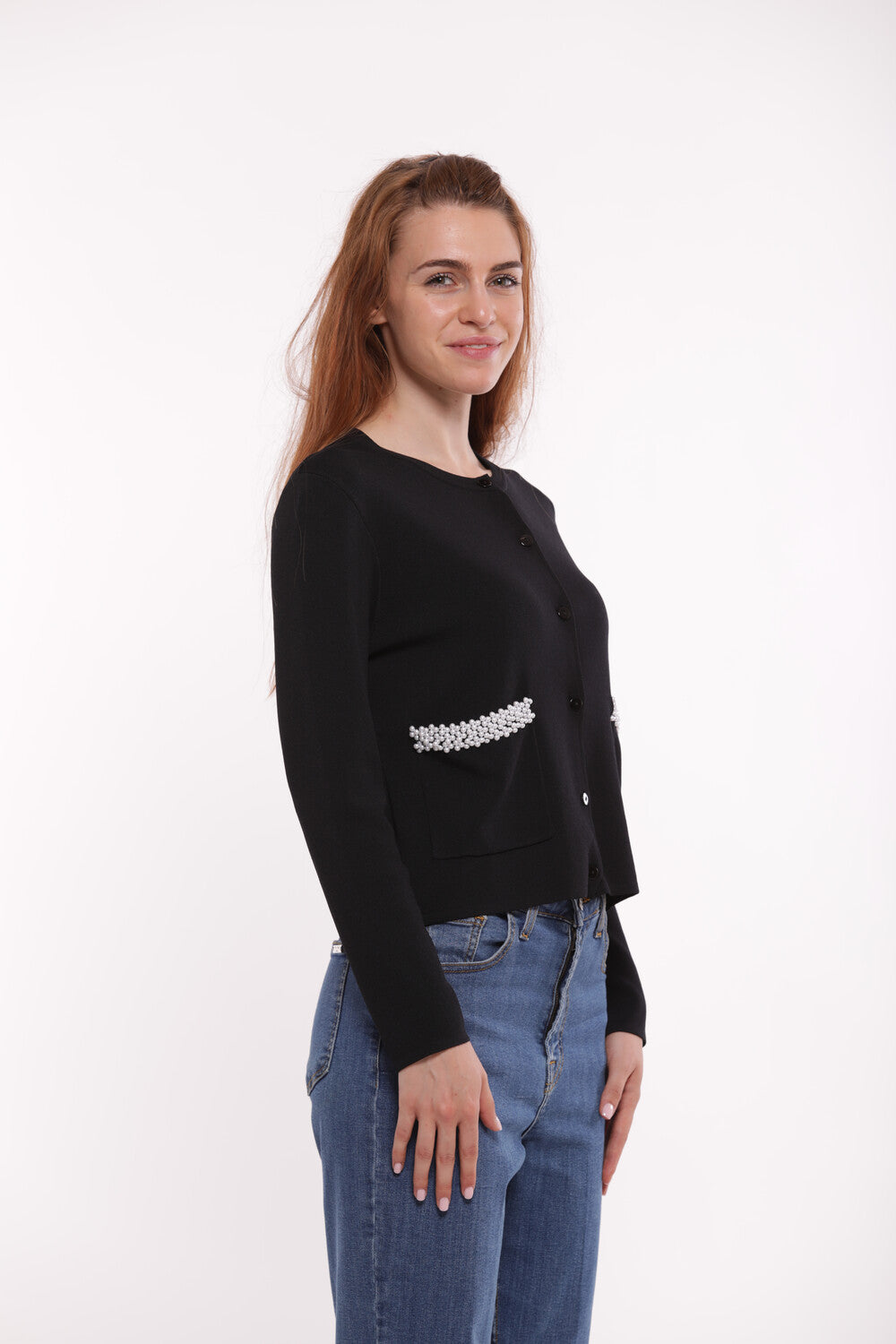 CARDIGAN CON PERLE SU TASCHE