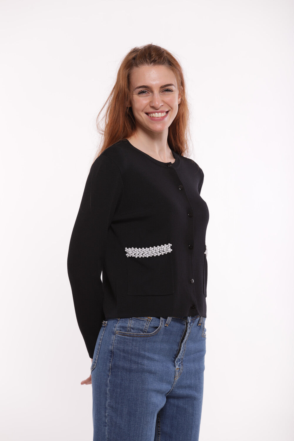 CARDIGAN CON PERLE SU TASCHE