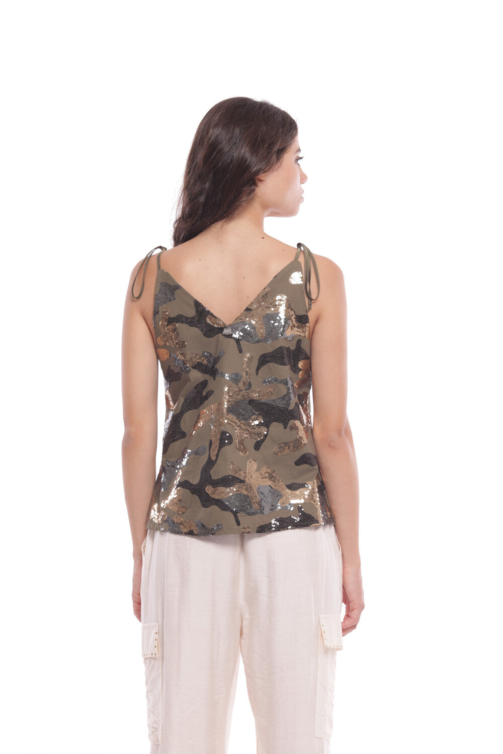 TOP CON MOTIVO MILITARE IN PAILLETTES