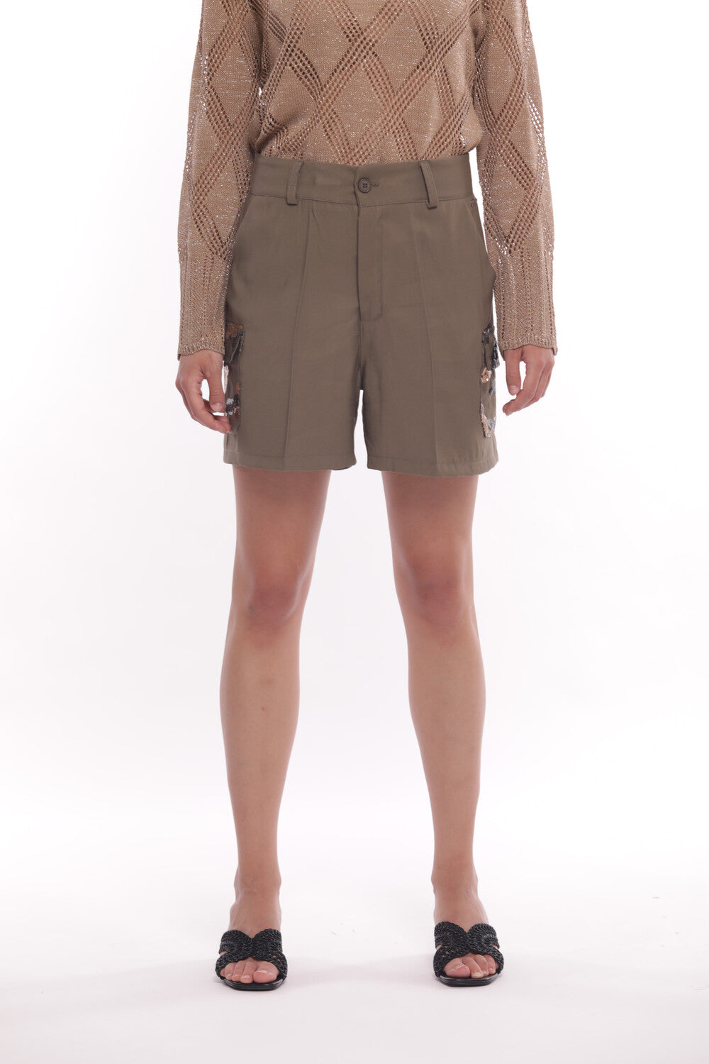PANTALONE SHORT CON MOTIVO MILITARE IN PAILLETTES