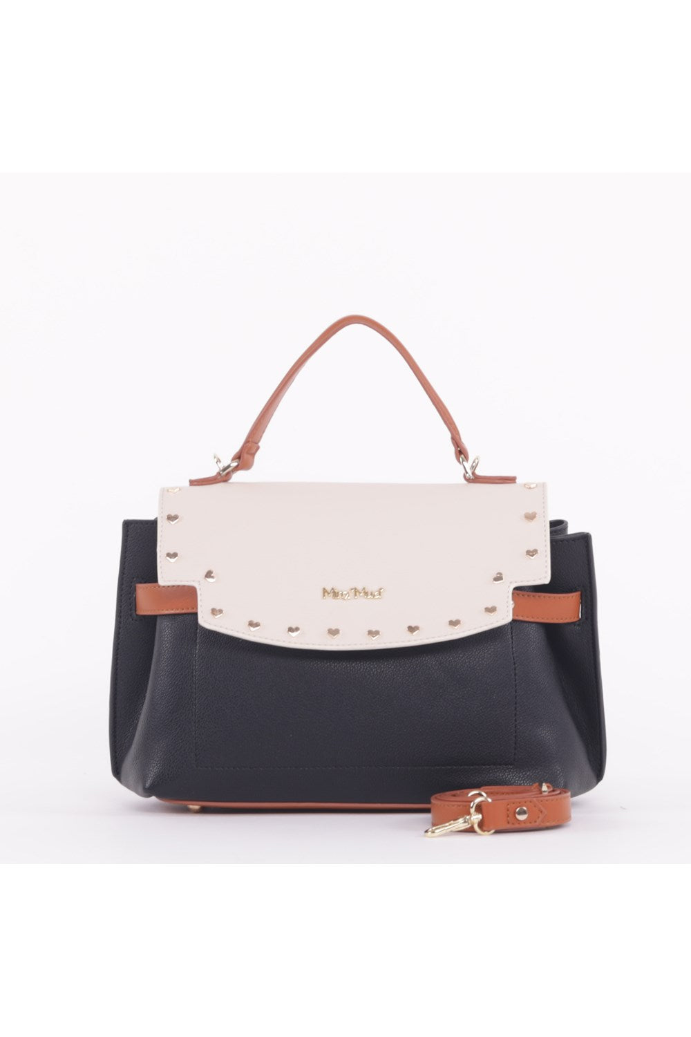 BORSA A MANO BICOLORE CON BORCHIE A CUORE