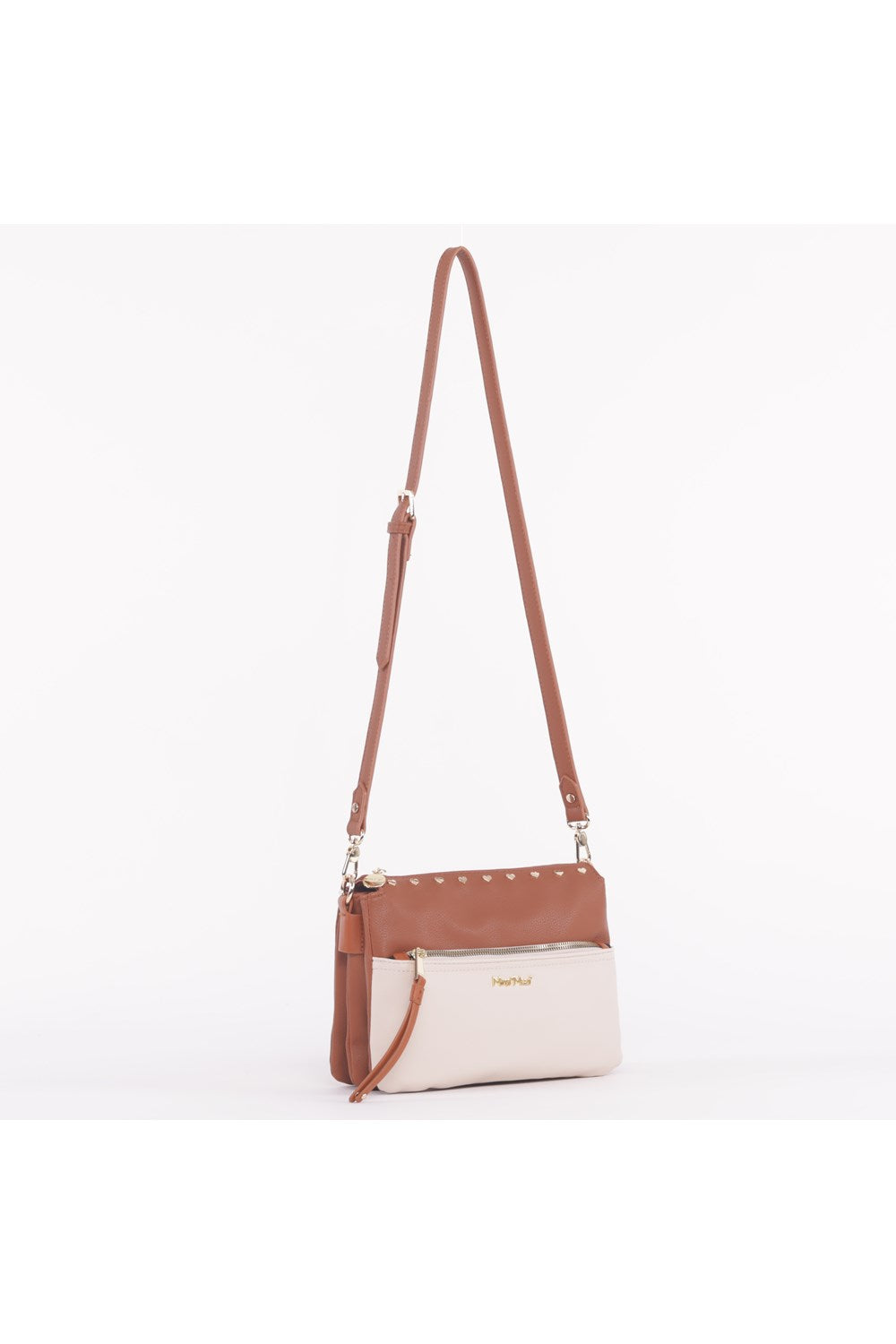 BORSA A TRACOLLA BICOLORE CON BORCHIE A CUORE