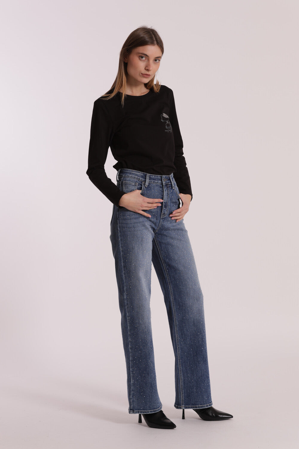JEANS WIDE LEG CON STRASS TRASPARENTI