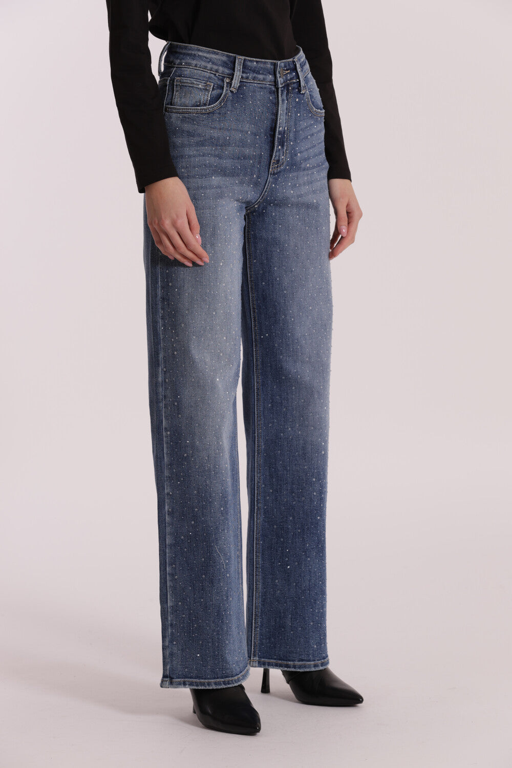 JEANS WIDE LEG CON STRASS TRASPARENTI