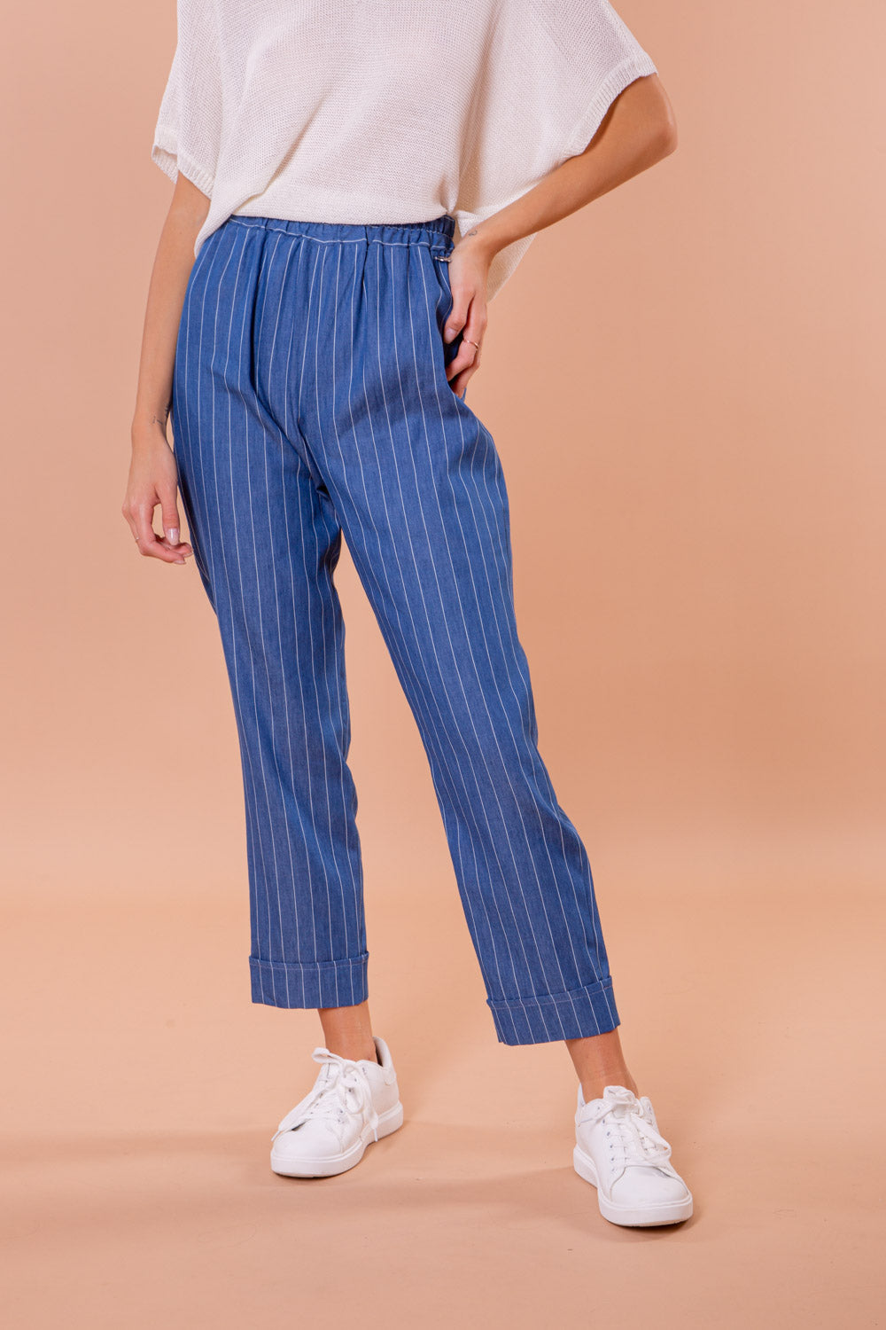 Pantaloni jogger a righe chambray